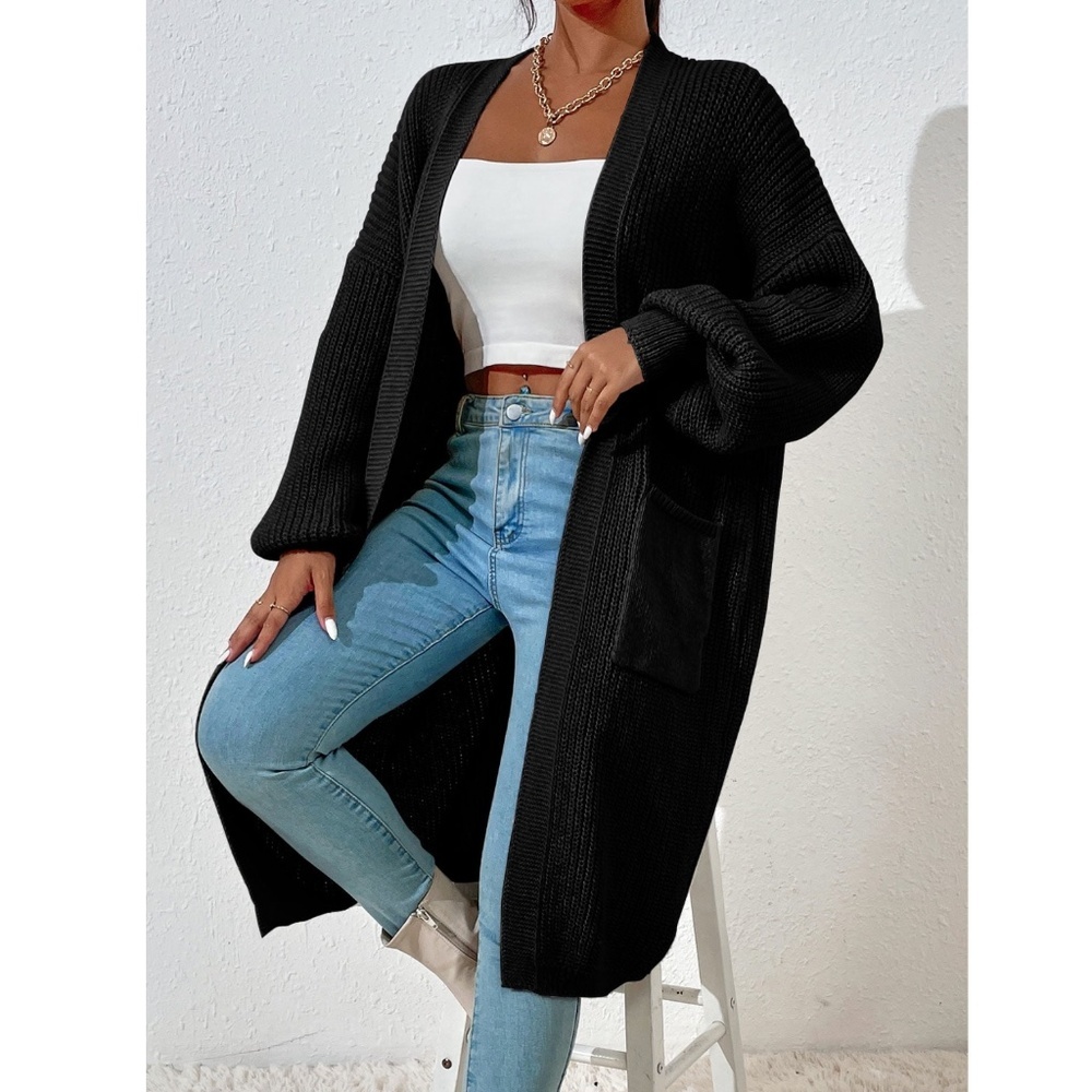 Black Duster Cardigan Front Pockets Cable Knit Long Sleeve Midi Length